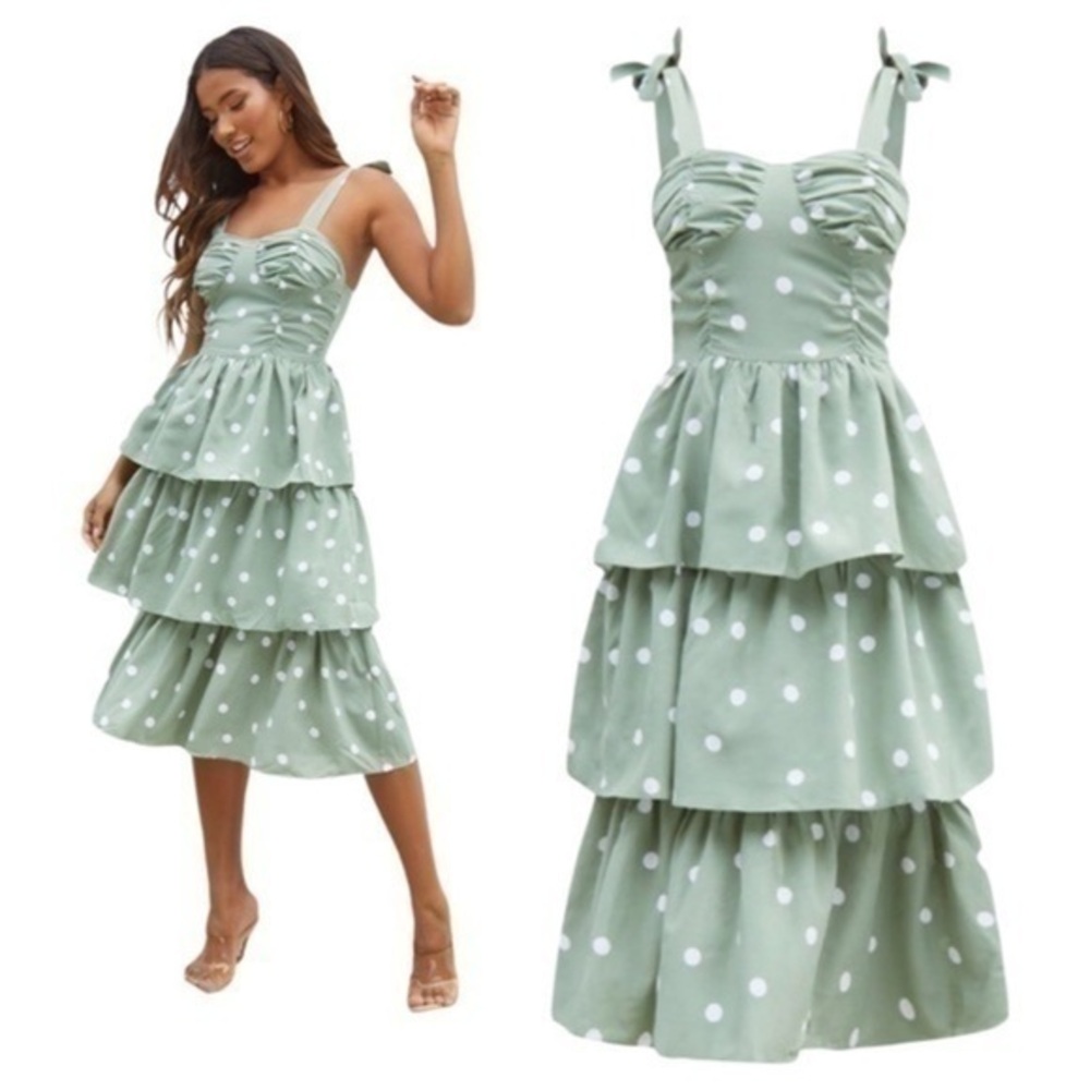 Tiered Polka Dot Midi Dress in Sage Green